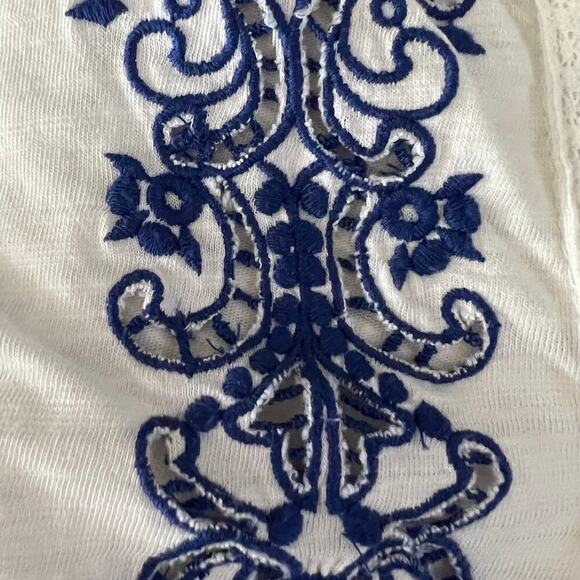 Lauren Ralph Lauren Tunic Top White Blue Embroidered Boho Peasant Blouse Size PL - Picture 6 of 10